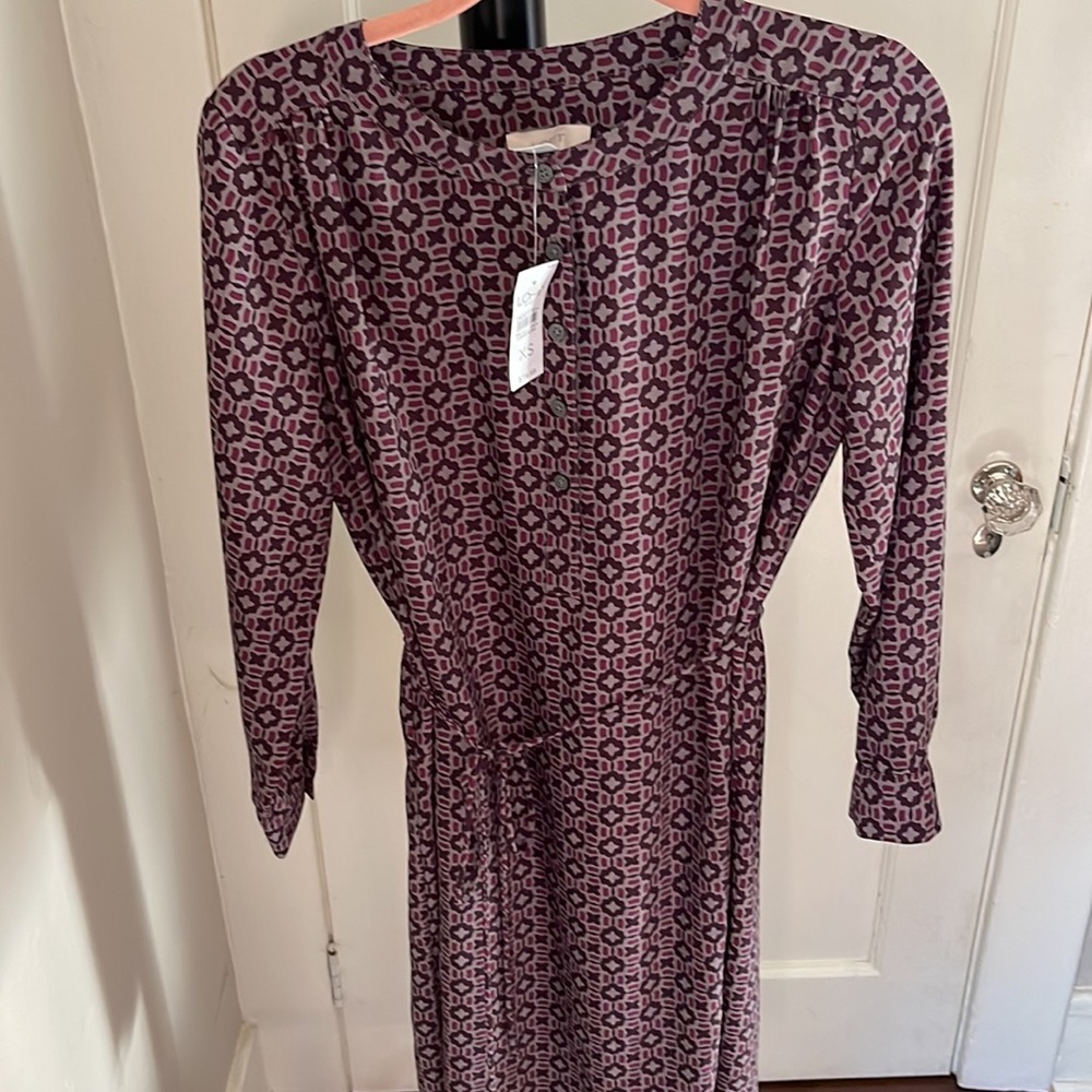 LOFT NWT Floral Geo Print Tie-Waist Button Dress
